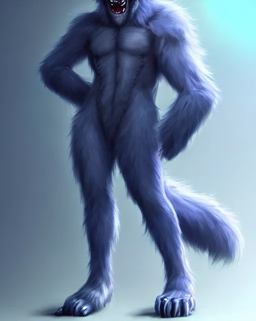 Image similar to character concept art, cute adult male anthropomorphic furry, cute fine face, darkblue werewolf, pants, pretty face, key visual, long human lightblue hair, realistic shaded furry face, fine details by stanley artgerm lau, wlop, rossdraws, james jean, andrei riabovitchev, marc simonetti, and sakimichan