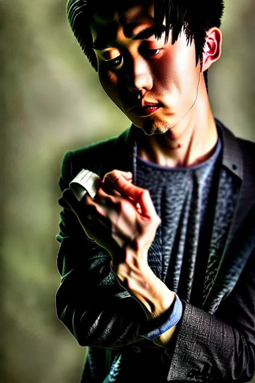 Image similar to photography masterpiece by haruto hoshi and yang seung woo, flash photography portrait of young japanese man smoking, shot on a canon 5 d mark iii with a 3 5 mm lens aperture f / 5. 6, full frame, full res, film grain, dynamic composition, high camera angle, hyper realistic