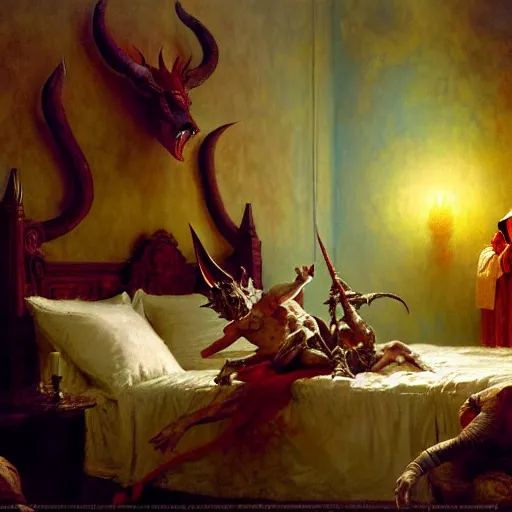 Image similar to the pope is in his bed, terrified, because a double horned shadow demon is in the wallpaper of the bedroom. highly detailed painting by gaston bussiere, greg rutkowski, craig mullins 8 k