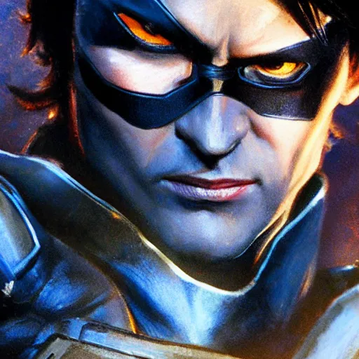 Prompt: close up of nightwing in full leather armor, cinematographic shot, by daniel f. gerhartz