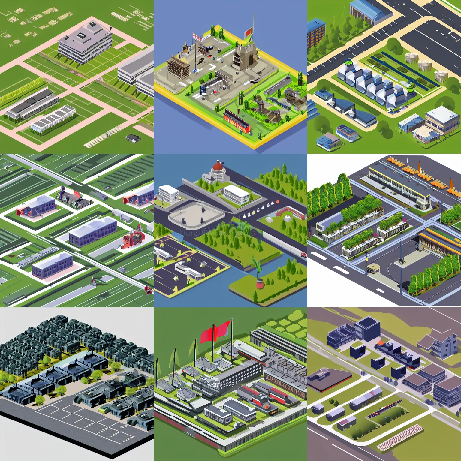 Prompt: isometric view of a military base with buildings, infantry and tanks