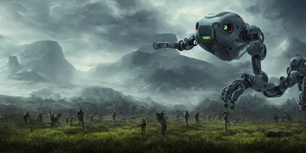 Prompt: robotic uprising on shrubland garigue, matte painting, concept art, 4 k