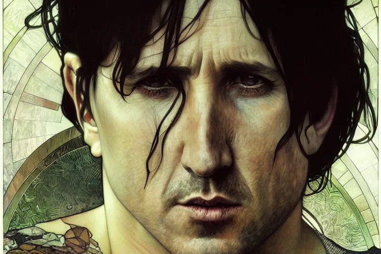 Image similar to hyper realistic portrait of singer trent reznor, by lee bermejo, alphonse mucha and greg rutkowski