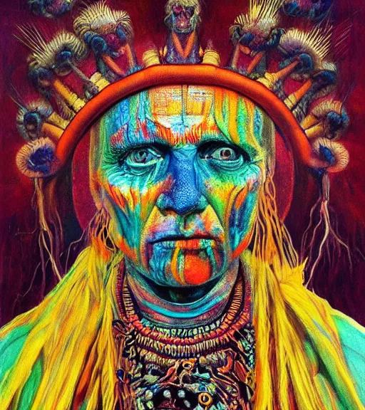 Image similar to Portrait painting in a style of Beksinski mixed with Alex Grey of an old shaman dressed in a colorful traditional clothes. psychodelic