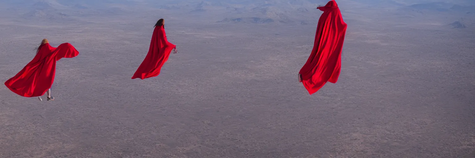 Prompt: a woman in an endlessly long red cape that ribbons across the sky behind her as she flies above a barren blue desert