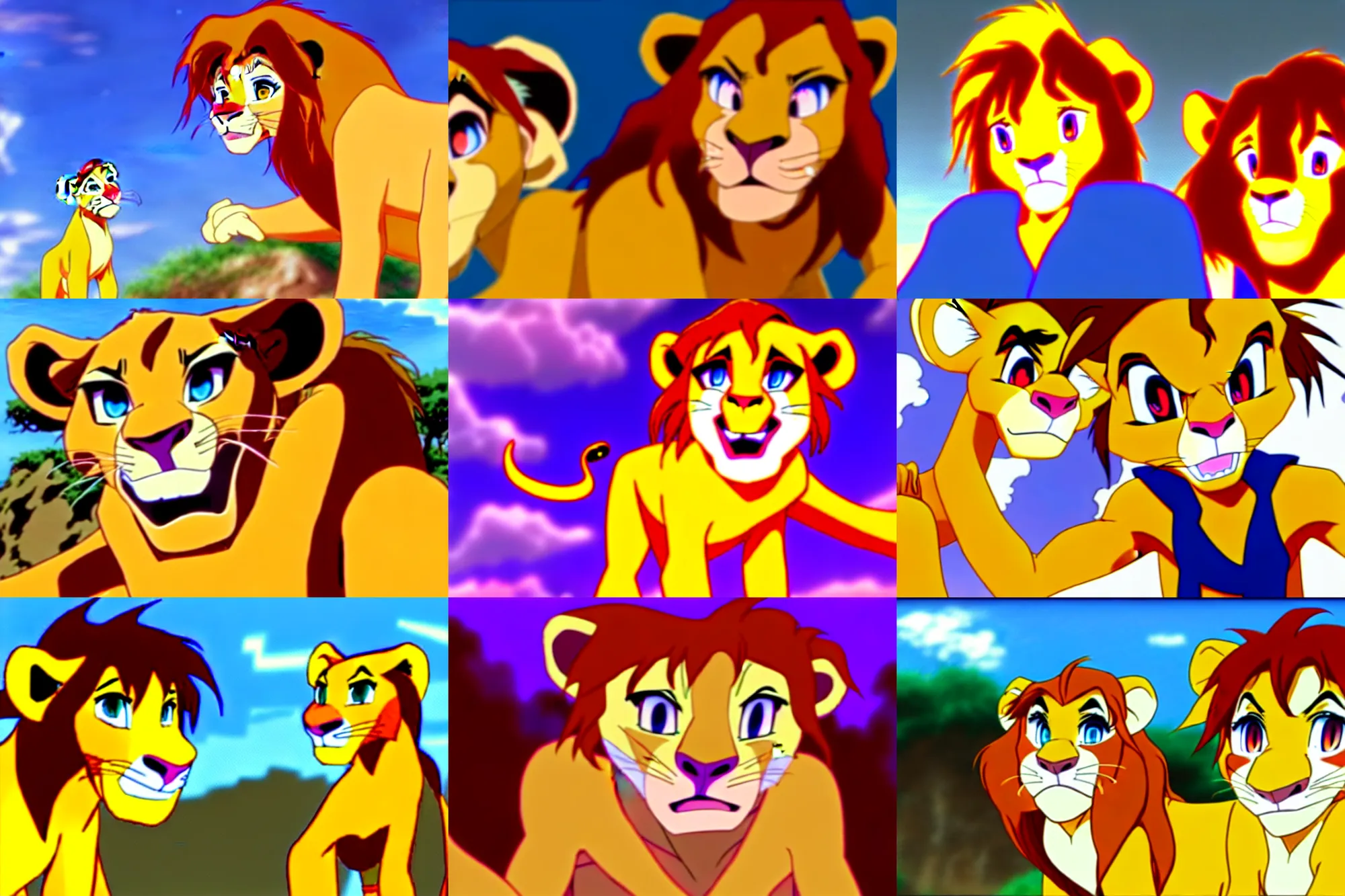 Prompt: simba from the lion king trapped in anime purgatory until he figures it's full of cringe, has a nervous breakdown, and retreats into highschool rp with his tulpas