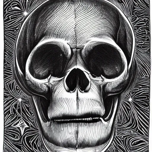 Image similar to a humanoid chimp skull hovering over a star pattern, 2 handguns are crossing in the middle of the picture ultra detailed, fine line pen drawing on parchment, symmetrical, stylish