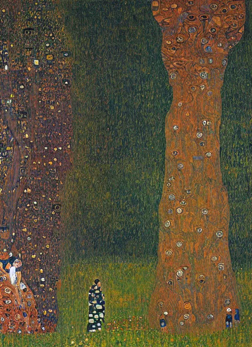 Image similar to a landscape painting of a cognitive optical illusion of trees, with four people who are trees in the foreground making extreme dynamic poses painted by gustav klimt