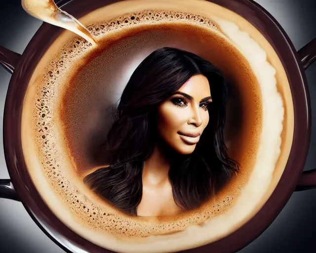 Image similar to Kim Kardashian inside a giant cup of coffee, cinematic, highly detailed, HD, 4K, professional image, professional lighting