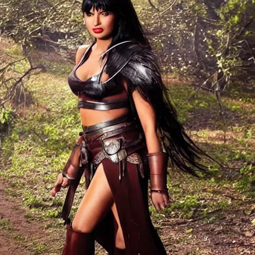 Prompt: Jameela Jamil dressed as Xena, full body shot, epic, dramatic light, volumetric light, sharp focus