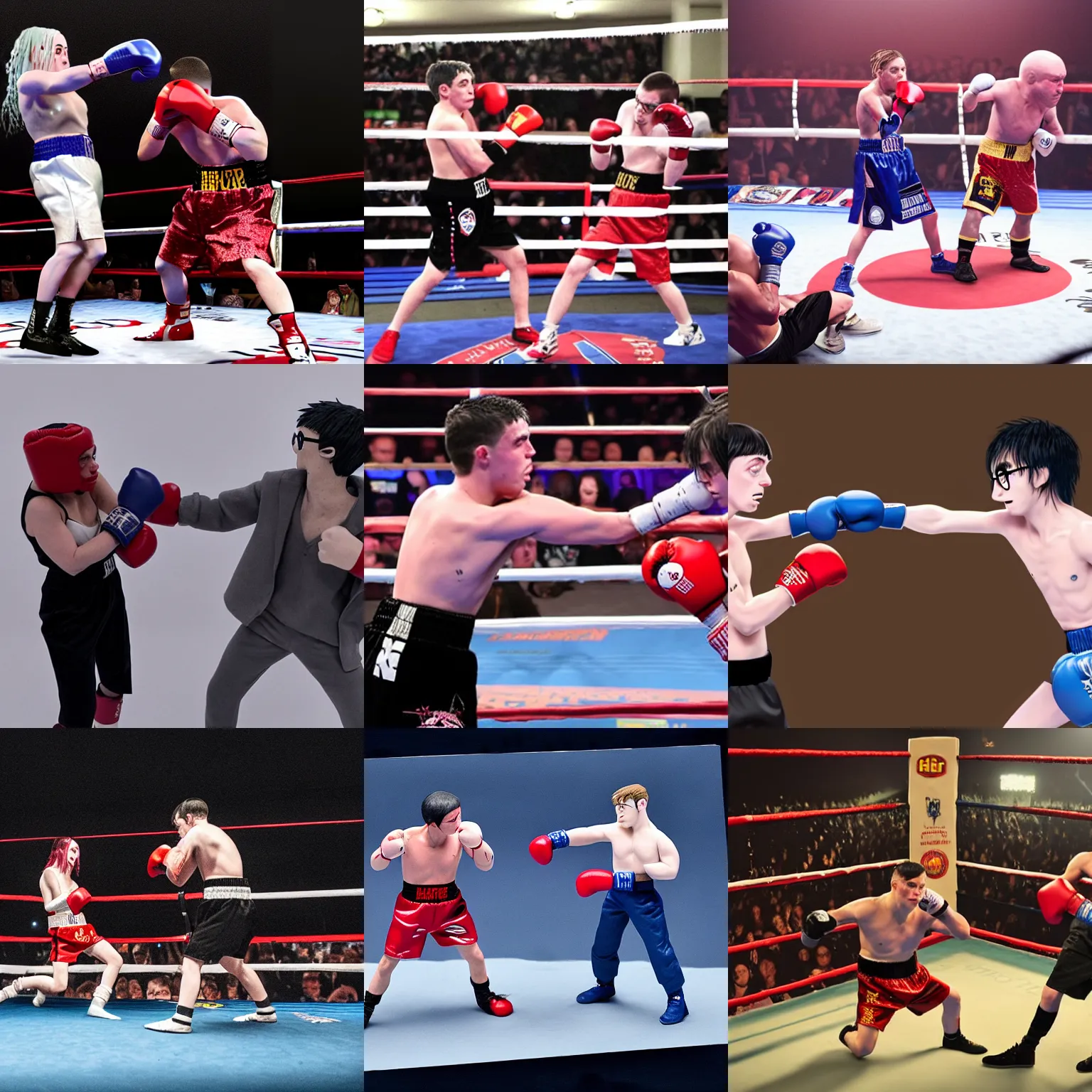 Prompt: boxing match billie eilish and harry potter punch each other in a boxing ring, claymation, made of clay, stop motion, establishing shot, wide angle lens, snow storm