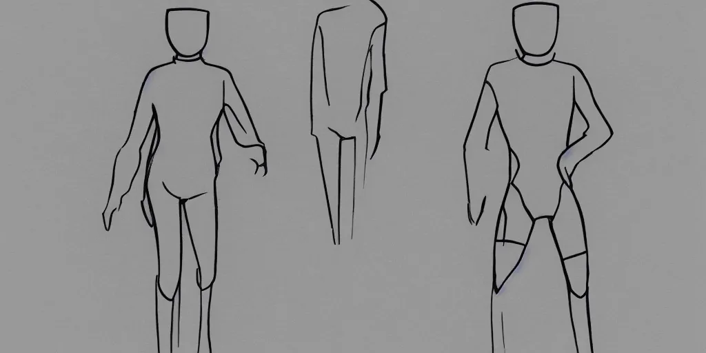 Image similar to male, elongated figure, space suit, minimalist sketch, large shoulders, short torso, long thin legs, tiny feet, character sheet, very stylized, marker shading sketch