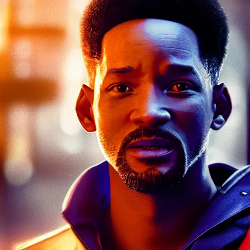 Prompt: epic portrait of cyberpunk Will Smith, Epic Background, highly detailed, sharp focus, cyberpunk style, cyborg, futuristic, 8k, 35mm, cinematic lighting