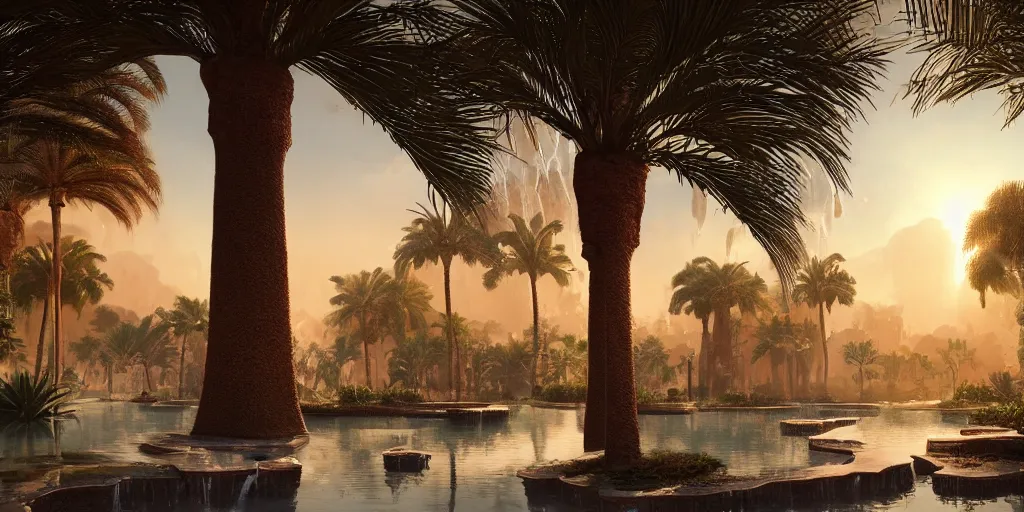 Image similar to beautiful oasis waterfalls surrounded by palm trees moroccan tile archways, date trees, ivory towers sunset peter morbacher ross tran angelarium greg rutkowski alchemy luxury heavenly light soft illumination, trending on artstation cinematic lighting digital painting octane render, artgerm