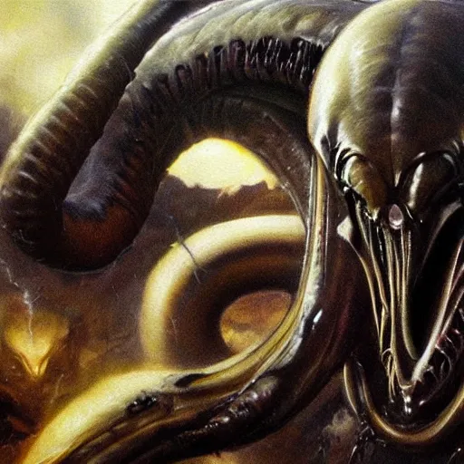 Image similar to ultra realistic portrait painting of a xenomorph, art by frank frazetta, vintage levi ’ s ad, stormy weather, dark vibes, 4 k, ultra realistic, highly detailed, epic lighting