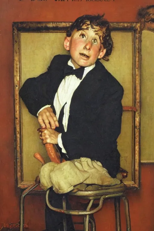 Image similar to a portrait painting of Tiny Tim. Painted by Norman Rockwell