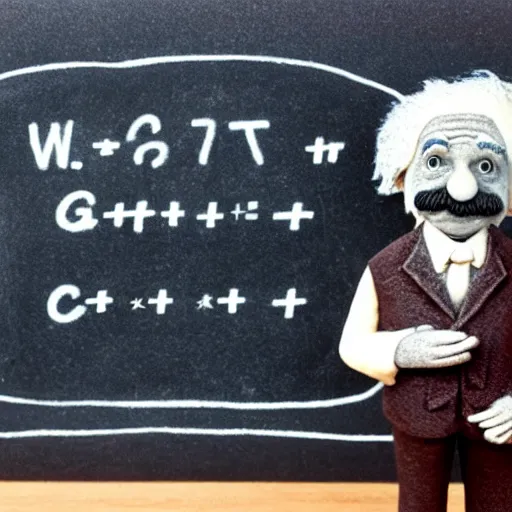 Image similar to claymation miniature scene of albert einstein standing in front of miniature blackboard with lots of mathematical formulas chalked on