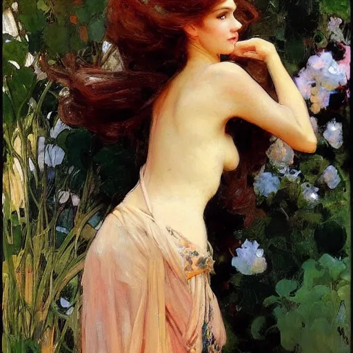 Image similar to photo of a beautiful woman by gil elvgen, greg manchess, mucha, sorrolla, john singer sargent, william waterhouse