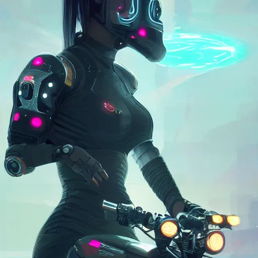 Image similar to a futuristic girl with a robot chip in the side of her head riding a motorbike, highly detailed, trending on artstation, 8 k resolution, ultra detailed, cyberpunk, retrowave, by wlop, greg rutkowski