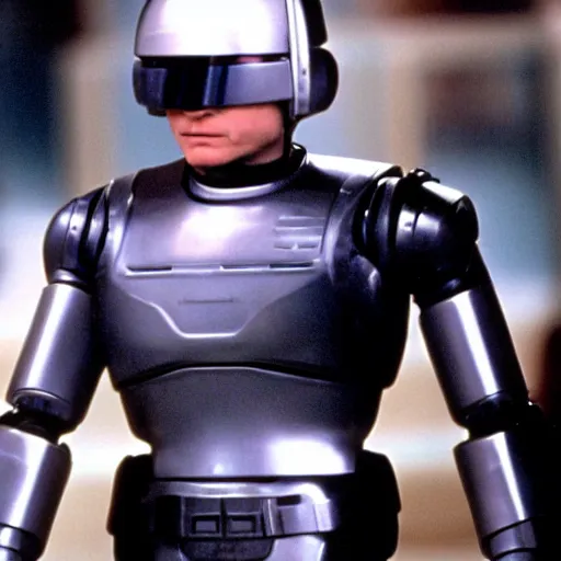 Image similar to cinematic still of michael j fox as robocop in the movie robocop 1 9 8 7