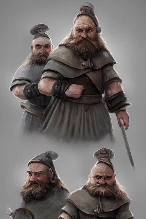 Image similar to 3 dwarfs in a raincoat, short, rough, armor focus on face, short hair, viking, still, photograph, digital painting, highly realistic, details, trending on artstation, masterpiece, fantasy, medieval