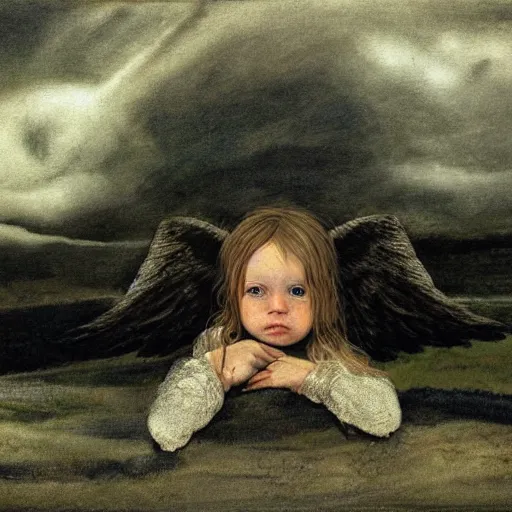 Prompt: painted portrait of a broken angel, lost , stormy background, highly detailed, hyper realistic, in the style of Andrew Wyeth