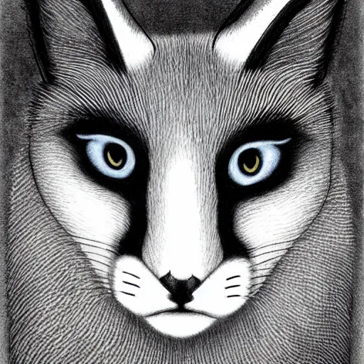 Image similar to black and white illustration, creative design, cute fluffy caracal, by junji ito