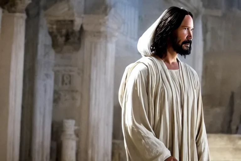 Prompt: promotional image of Keanu Reeves as Jesus Christ in the new movie directed by Christopher Nolan, movie still, promotional image, imax 70 mm footage