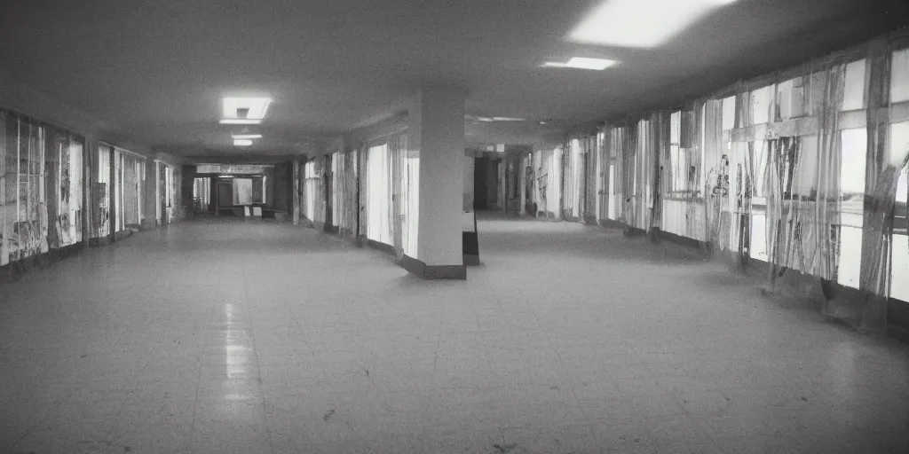 Prompt: a weird place full of people but now empty with eerie feeling, disposable colored camera, camera flash, house, mall, hallway, playground, office, pool, interior, room