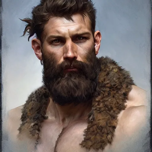 Image similar to portrait of a rugged ranger, muscular, upper body, hairy torso, D&D, fantasy, intricate, elegant, highly detailed, digital painting, artstation, concept art, matte, sharp focus, illustration, art by Artgerm and Greg Rutkowski and Alphonse Mucha