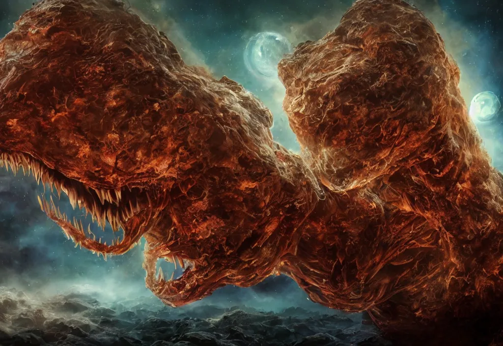 Image similar to eldritch horror bloody garfield in space, hd, 8 k, giant, epic, realistic photo, unreal engine, stars, prophecy, powerful, cinematic lighting, destroyed planet, debris, violent, sinister, ray tracing, dynamic, epic composition, dark, horrific, teeth, grotesque, monochrome drawing, hellscape, death, corpses, foreboding