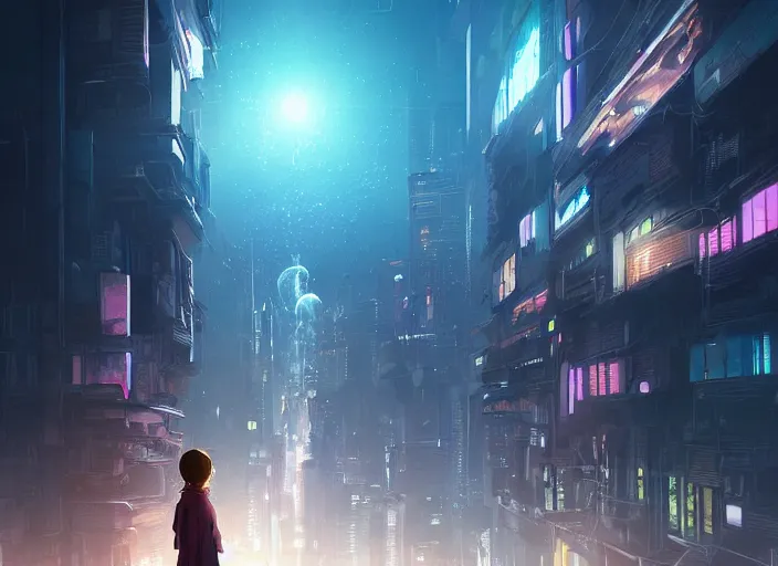 Image similar to girl staring at a meteorite hitting a floating cyberpunk city at night by wlop, key visual, high detail, digital art