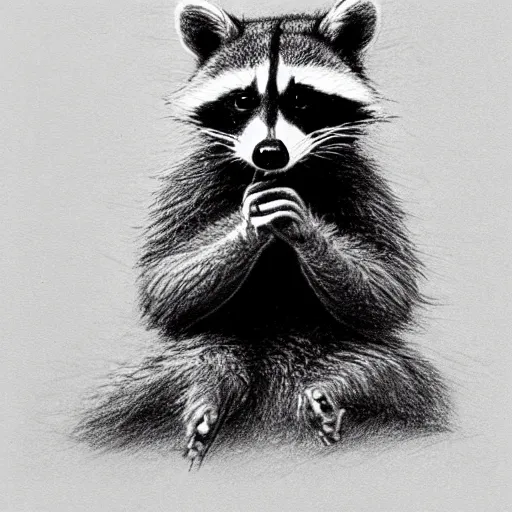 Image similar to a very detailed pencil drawing of a raccoon flipping the middle finger 4 k, high resolution, still, landscape, hd, dslr, hyper realistic, sketch