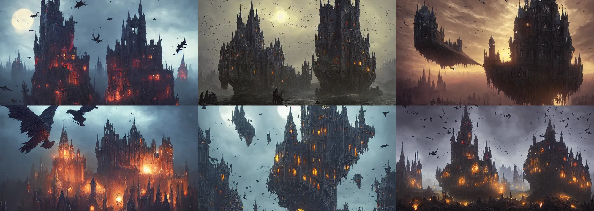 Prompt: floating flying castle with gothic architecture and swarms of tiny black specks, by Greg Rutkowski and Raphael Lacoste and Dan Mumford, detailed, volumetric lighting, swarms of ravens, sorcerous magic, dusk