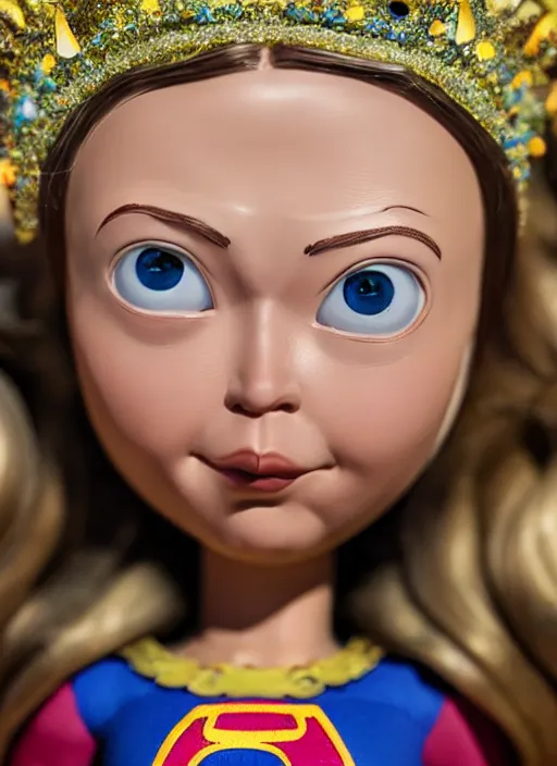 Image similar to closeup face profile portrait of a tin toy greta thunberg as supergirl as a fairytale princess wearing a crown, bikini, depth of field, zeiss lens, detailed, fashion photoshoot, by nicoletta ceccoli, mark ryden, lostfish, breathtaking, 8 k resolution, extremely detailed, beautiful, establishing shot, artistic, hyperrealistic, octane render
