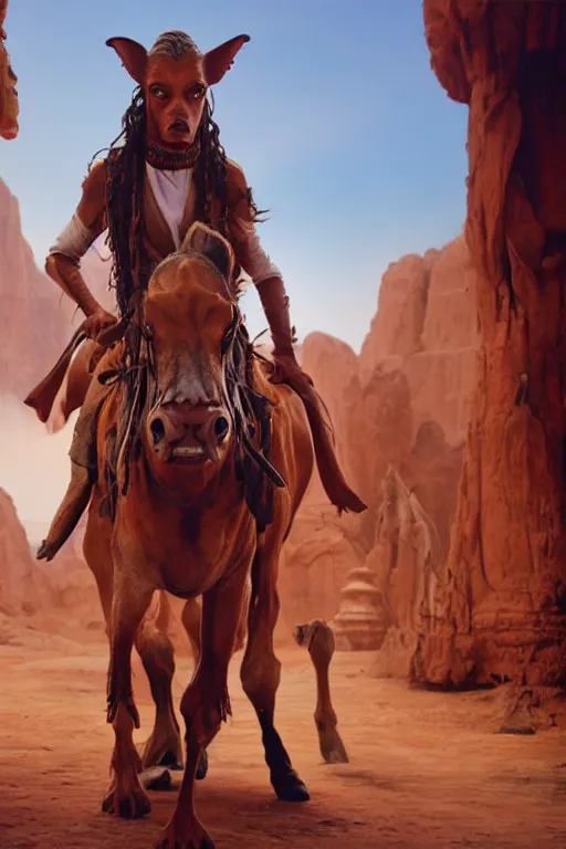 Image similar to film still of jar jar binks as a female cowgirl, long eyeslashes, big juicy lips, big seductive eyes, dramatic cinematic lighting, dolce & gabbana campaign, shot by mario testino, realistic vfx simulation, 4 k