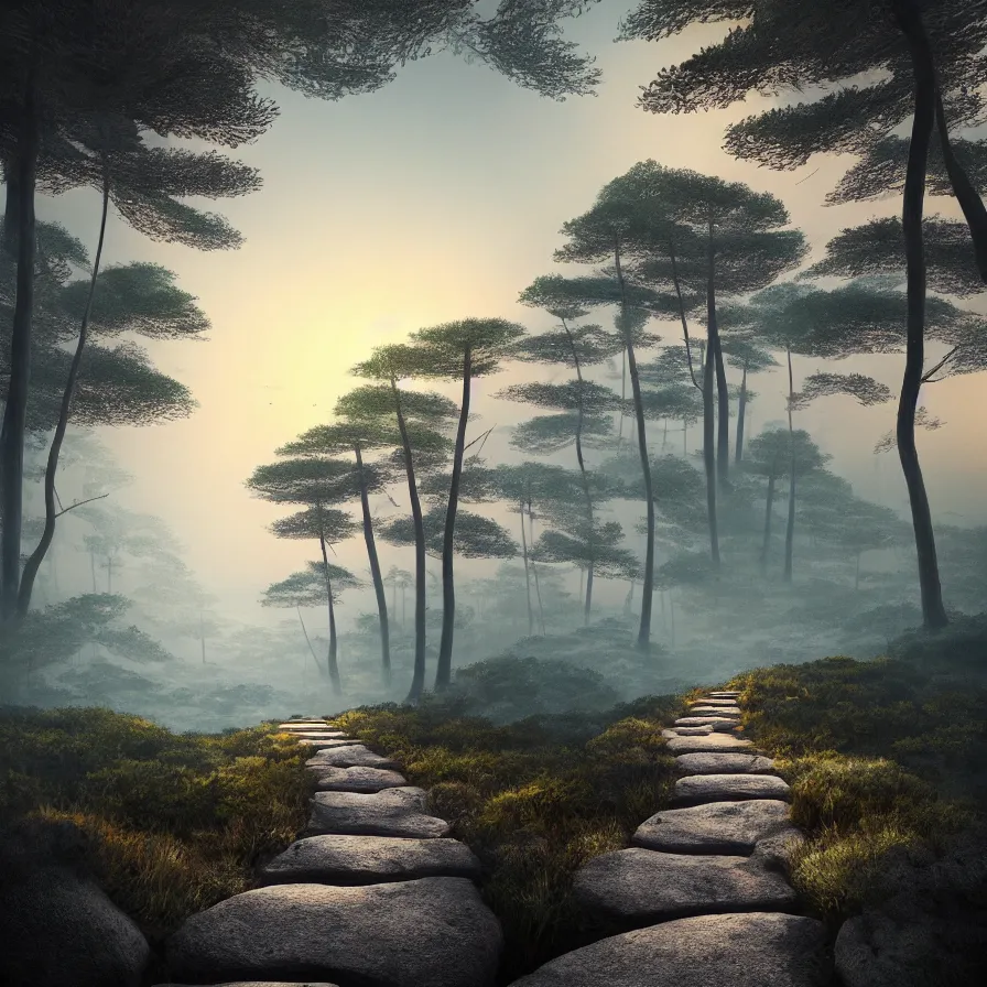 Prompt: surrealist abstract art of a stone path leading to the horizon through giant pine forests down a rocky mountain coast towards a majestic sunset. atmospheric foggy landscape, soft tones, psychedelic, ultra realistic, concept art, modern art, photorealistic, octane render.