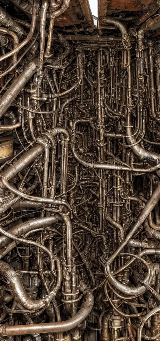 Prompt: an infinitely complex network of old rusty pipes and valves, hr giger style,