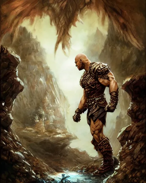 Image similar to dwayne johnson, dnd, high fantasy. royo, artgem, wlop