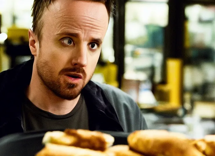 Image similar to photo of jesse pinkman from breaking bad eating a baguette, movie frame, cinematic composition, ultra detailed, sharp, breaking bad