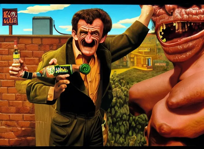 Prompt: barry chuckle chugging a bottle of snake oil, artwork by richard corben, 3 d, high resolution 8 k