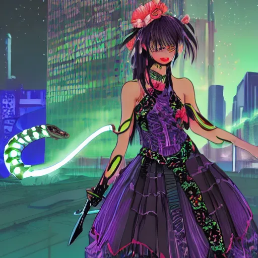 Prompt: gloomy girl in a pretty mid-length dress with a sharp katana in front of a cybercity in neon colors, plants around the katana and a snake around her shoulders, high details