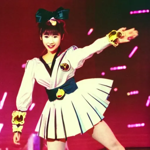 Image similar to publicity photo of 1 9 8 0 s beautiful japanese pop - idol chisato moritaka cosplaying as sailor moon, doing a heroic battle pose in the style of sailor moon, onstage at her concert in front of backup dancers.