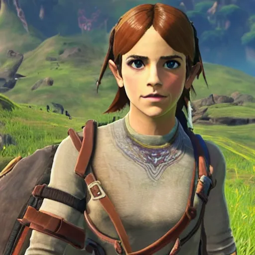 Prompt: Emma Watson screen shot from breath of the wild - n 9