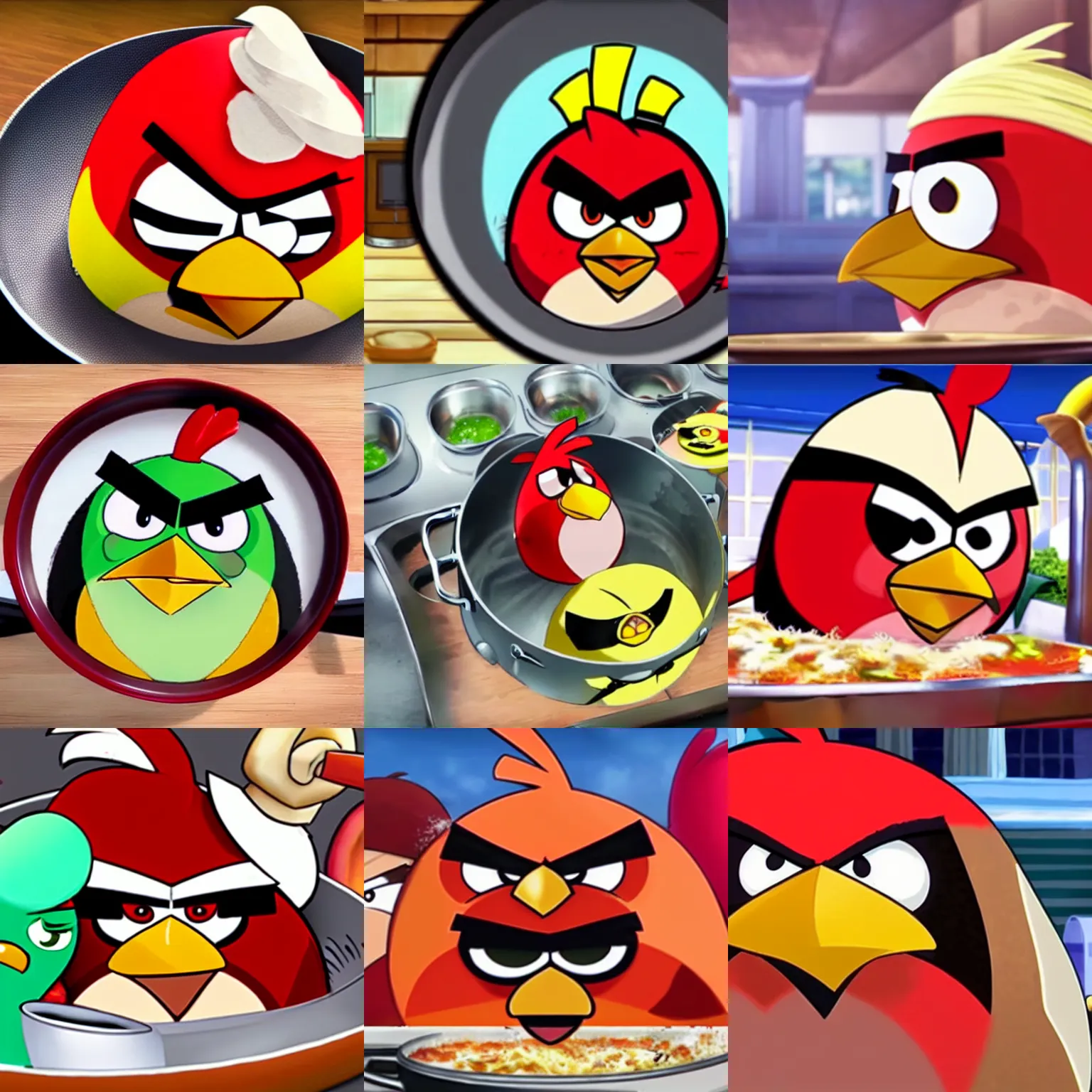 Prompt: angry bird in a pan, picture from food wars anime