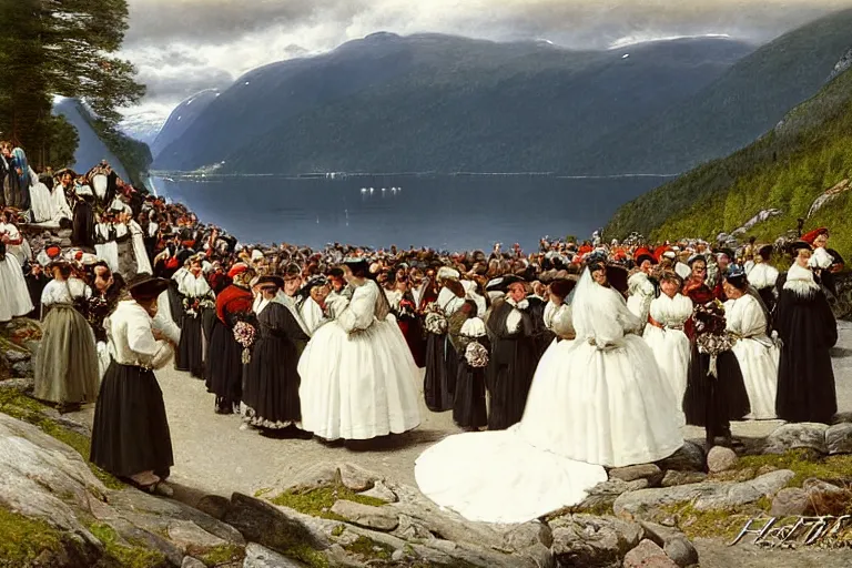 Image similar to the bridal procession on the hardangerfjord by hans gude, adolph tidemand