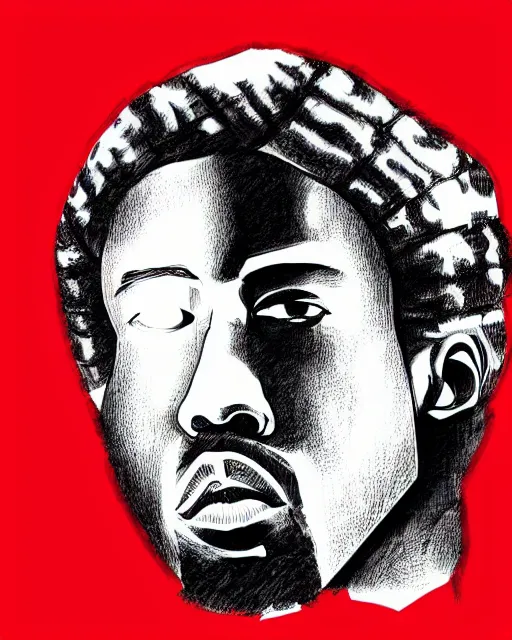 Image similar to Manga black-and-white cross hatching comic book illustration of Kanye West on red background