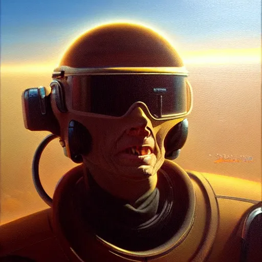 Prompt: a les edwards sci - fi style pilot, oil on canvas, smooth, sharp focus, vibrant volumetric natural light.