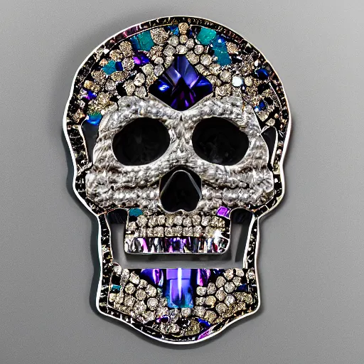 Image similar to jewelry skull made of holographic crystals, high contrast, close shot, commercial, studio light, dark background