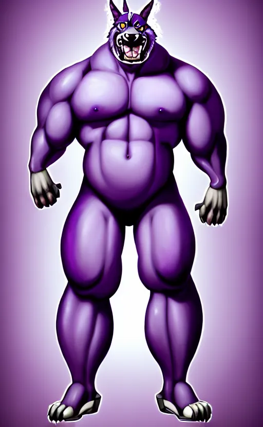 Image similar to painting of an anthropomorphic bulky muscular purple dog, furry style, wearing jeans, deviant art, fursona, professional furry drawing, insanely detailed, bulky husky dragon like face, doing a pose from jojo's bizarre adventure, detailed veiny muscles, exaggerated features, beautiful shading, huge white teeth, grinning, colorful background